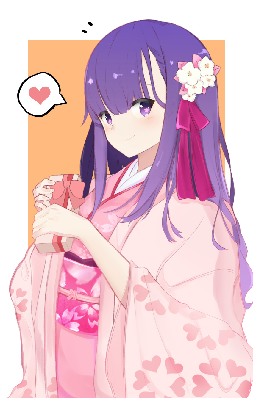 1girl absurdres bangs blush border box breasts closed_mouth fate/grand_order fate_(series) floral_print flower gift gift_box hair_flower hair_ornament hair_ribbon heart highres holding holding_gift japanese_clothes kimono long_hair long_sleeves looking_at_viewer matou_sakura obi oouna orange_background parvati_(fate/grand_order) pink_kimono pink_ribbon purple_hair ribbon sash smile solo spoken_heart star star-shaped_pupils symbol-shaped_pupils valentine violet_eyes white_border wide_sleeves