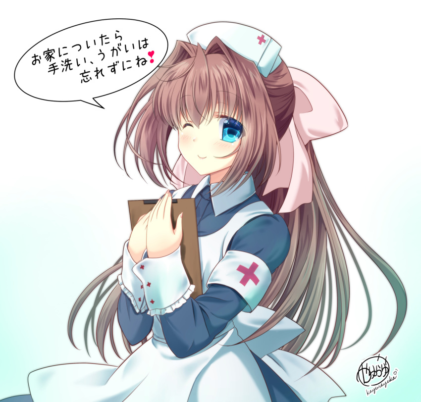 1girl alternate_costume apron armband artist_name asakura_otome back_bow blue_dress blue_eyes blush bow breasts brown_hair clipboard commentary_request da_capo da_capo_ii dress eyebrows_visible_through_hair gradient gradient_background green_background hair_between_eyes hair_bow hair_intakes hat highres holding holding_clipboard kayura_yuka long_hair looking_at_viewer nurse nurse_cap one_eye_closed pink_bow red_cross signature small_breasts smile solo translation_request white_background