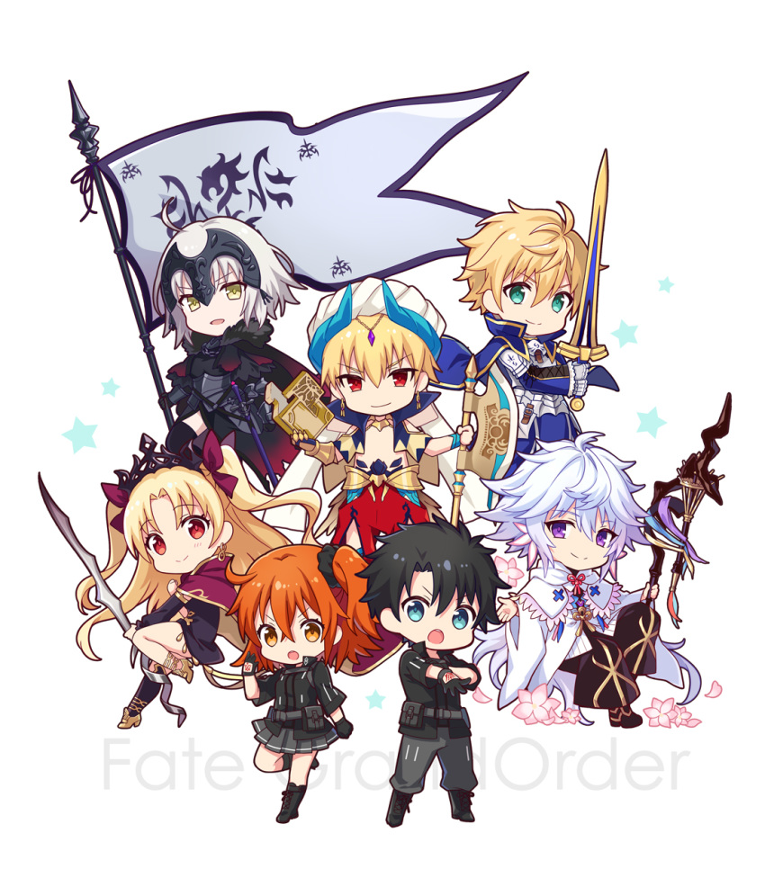 3girls 4boys :d :o aqua_eyes armor arthur_pendragon_(fate) axe black_hair black_scrunchie blonde_hair blue_eyes book bow cape chibi command_spell copyright_name crown earrings ereshkigal_(fate/grand_order) fate/grand_order fate_(series) fingerless_gloves flag fujimaru_ritsuka_(female) fujimaru_ritsuka_(male) fur_trim gilgamesh gilgamesh_(caster)_(fate) gloves hair_bow hair_ornament hair_scrunchie highres ima_(luce365) jeanne_d'arc_(alter)_(fate) jeanne_d'arc_(fate)_(all) jewelry merlin_(fate) multiple_boys multiple_girls open_mouth orange_hair pleated_skirt red_eyes scrunchie skirt smile staff star sword turban twintails two_side_up v-shaped_eyebrows violet_eyes weapon white_hair yellow_eyes