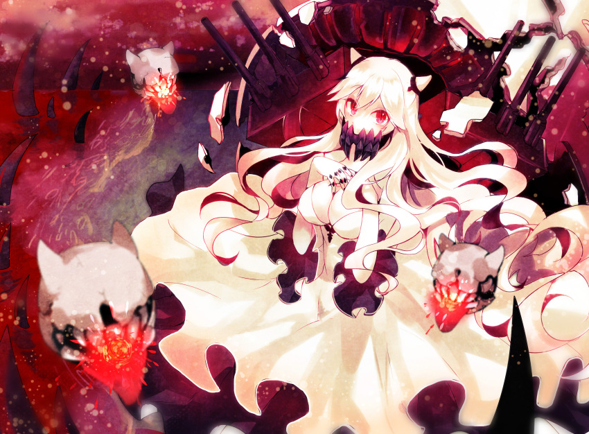1girl bad_id bad_pixiv_id breasts highres horns ikeuchi_tanuma kantai_collection large_breasts long_hair looking_at_viewer machinery mask midway_hime monster pale_skin red_eyes shinkaisei-kan solo tongue tongue_out turret white_hair