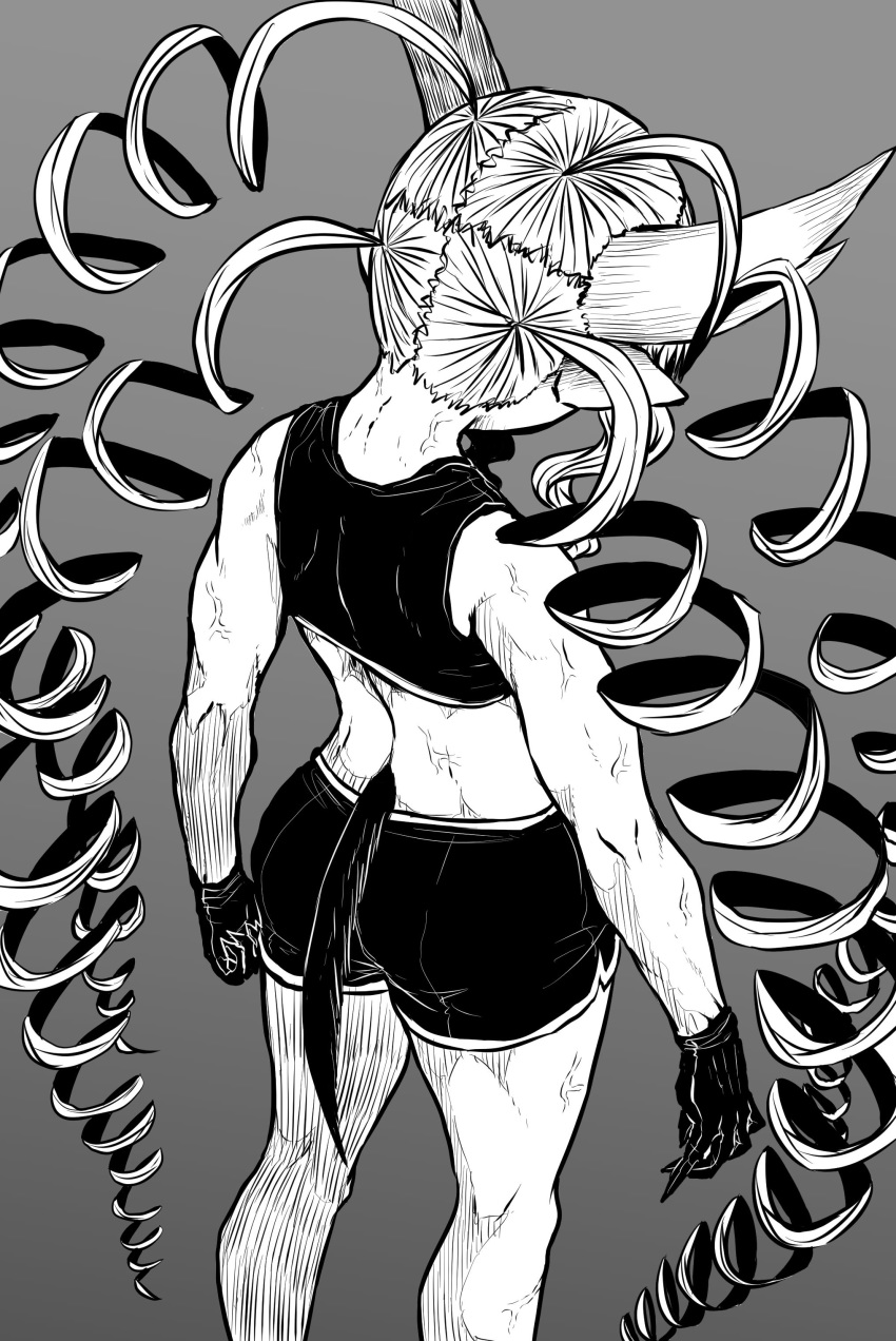 1girl absurdres back black_tank_top demon_girl demon_horns demon_tail drill_hair gloves grey_background gym_shorts highres horns juugoya_(zyugoya) limited_palette monochrome muscle muscular_female musuko_ga_kawaikute_shikatanai_mazoku_no_hahaoya nightmare_(musuko_ga_kawaikute_shikatanai_mazoku_no_hahaoya) shorts tail tank_top