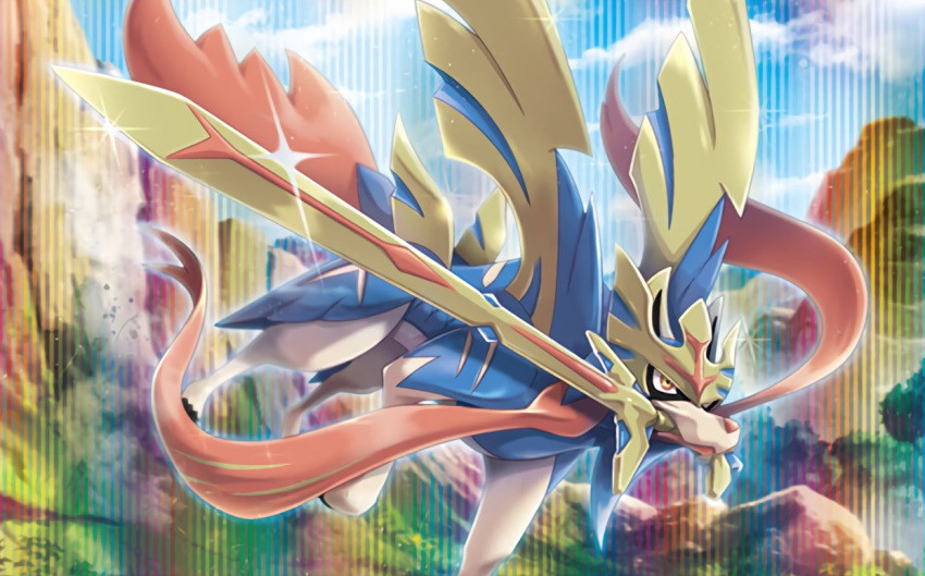 blue_sky clouds cloudy_sky creature day dog_focus gen_8_pokemon legendary_pokemon mouth_hold no_humans official_art outdoors pokemon pokemon_(creature) pokemon_trading_card_game saitou_kouki sky solo standing sword third-party_source weapon yellow_eyes zacian