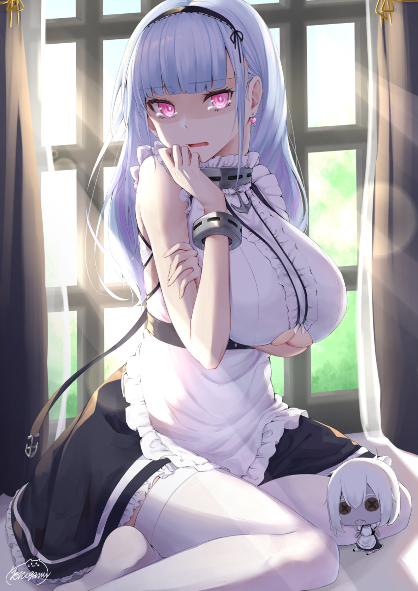 1girl apron azur_lane breasts choker dido_(azur_lane) doll dress earrings hairband hand_on_head highres jewelry large_breasts light_blue_hair long_hair looking_at_viewer maid maid_apron maid_dress mofu_cat001 open_mouth scared sitting solo thigh-highs violet_eyes white_legwear