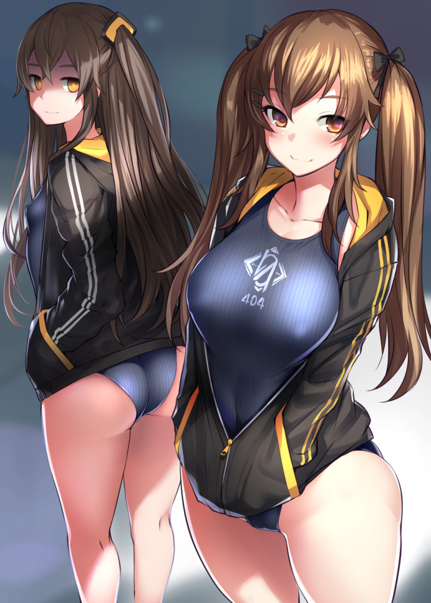 2girls 404_logo_(girls_frontline) ass black_jacket blue_swimsuit blurry blurry_background bosshi breasts brown_eyes brown_hair closed_mouth collarbone competition_swimsuit covered_nipples cowboy_shot depth_of_field girls_frontline grey_swimsuit hair_ornament hair_ribbon hairclip hands_in_pockets highres jacket large_breasts long_hair long_sleeves looking_at_viewer matching_outfit medium_breasts multiple_girls one-piece_swimsuit one_side_up orange_eyes ribbon small_breasts smile standing swimsuit swimsuit_under_clothes twintails ump45_(girls_frontline) ump9_(girls_frontline)