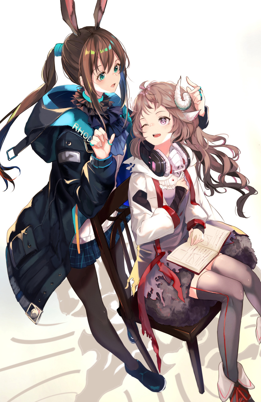 2girls absurdres amiya_(arknights) animal_ears arknights bangs black_footwear black_jacket blue_neckwear blue_skirt blush book brown_hair brown_legwear chair commentary_request curled_horns dress eyebrows_visible_through_hair eyjafjalla_(arknights) green_eyes grey_legwear hair_between_eyes headphones headphones_around_neck highres homo_1121 hood hood_down hooded_jacket horns jacket jewelry long_hair long_sleeves multiple_girls on_chair one_eye_closed open_book open_clothes open_jacket open_mouth pantyhose pleated_skirt ponytail puffy_long_sleeves puffy_sleeves rabbit_ears ring sheep_ears sheep_horns shirt shoes sidelocks sitting skirt standing thigh-highs thumb_ring torn_clothes torn_dress upper_teeth very_long_hair violet_eyes white_dress white_shirt