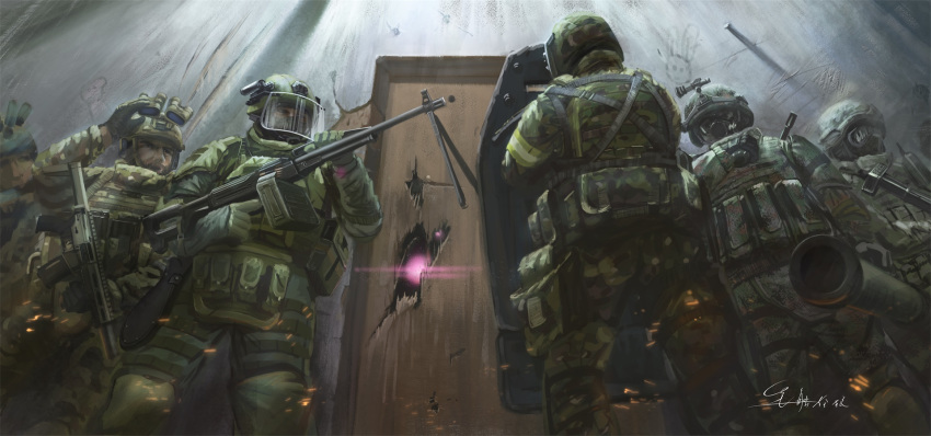 352888875 6+boys against_wall battering_ram body_armor broken_door bulletproof_vest chinese_commentary commentary_request door from_behind glowing gun helmet highres male_focus military multiple_boys original riot_shield signature visor weapon weapon_request