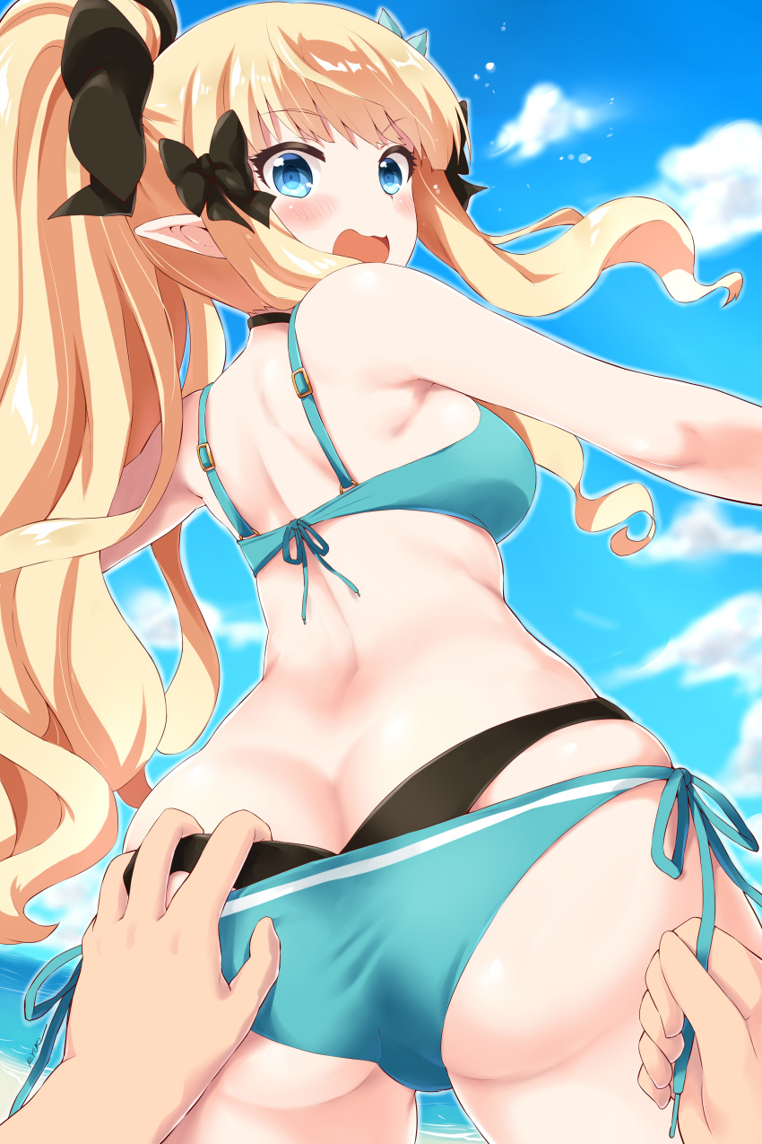 1girl 1other absurdres aqua_bikini ass bangs bare_arms bare_shoulders beach bikini bikini_pull black_bow blonde_hair blue_eyes blue_sky blush bow breasts clouds commentary_request cowboy_shot day elf eyebrows_visible_through_hair flower from_behind hair_bow hair_flower hair_ornament highres layered_bikini long_hair looking_at_viewer looking_back ocean open_mouth outdoors pointy_ears ponytail princess_connect! princess_connect!_re:dive pulled_by_another ryuki_(ryukisukune) sand sasaki_saren side-tie_bikini skindentation sky swimsuit thighs water