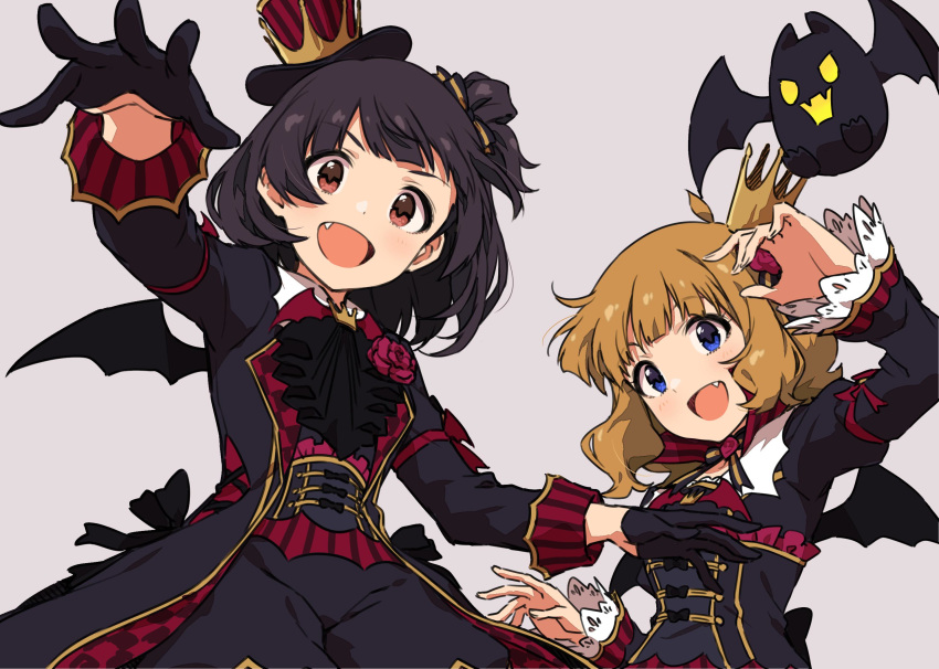 2girls black_gloves black_hair black_neckwear blue_eyes brown_eyes brown_hair coat commentary_request cravat crown fang gloves half_gloves halloween_costume hat highres idolmaster idolmaster_million_live! idolmaster_million_live!_theater_days long_sleeves looking_at_viewer looking_down mini_crown mini_hat mini_top_hat multiple_girls nagami_tami nakatani_iku one_side_up open_mouth outstretched_arms short_hair simple_background spread_arms suou_momoko top_hat