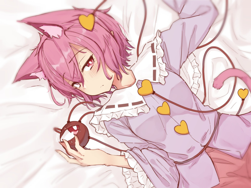 1girl animal_ear_fluff animal_ears bed_sheet blouse blue_blouse blurry blush breasts bright_pupils buttons cat_day cat_ears cat_tail closed_mouth embarrassed eyeball eyebrows_visible_through_hair frilled_shirt_collar frilled_sleeves frills hair_between_eyes hair_ornament hairband half-closed_eyes heart heart_hair_ornament highres kemonomimi_mode komeiji_satori long_sleeves looking_at_viewer lying on_back pink_eyes pink_hair pink_skirt ribbon-trimmed_collar ribbon_trim senzaicha_kasukadoki short_hair signature skirt small_breasts solo tail third_eye touhou white_pupils wide_sleeves