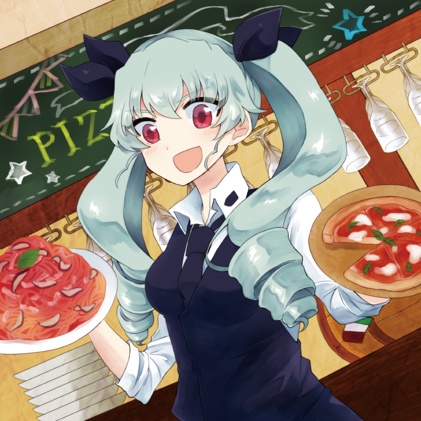 1girl :d alternate_costume anchovy_(girls_und_panzer) bangs black_neckwear black_ribbon black_vest cup dress_shirt drill_hair drinking_glass dutch_angle english_text eyebrows_visible_through_hair food girls_und_panzer green_hair hair_ribbon highres holding holding_plate indoors long_hair looking_at_viewer necktie open_mouth pasta pizza plate red_eyes ribbon shirt sleeves_rolled_up smile solo standing twin_drills twintails vest waiter white_shirt wine_glass wing_collar zarameru_(tsukumo)