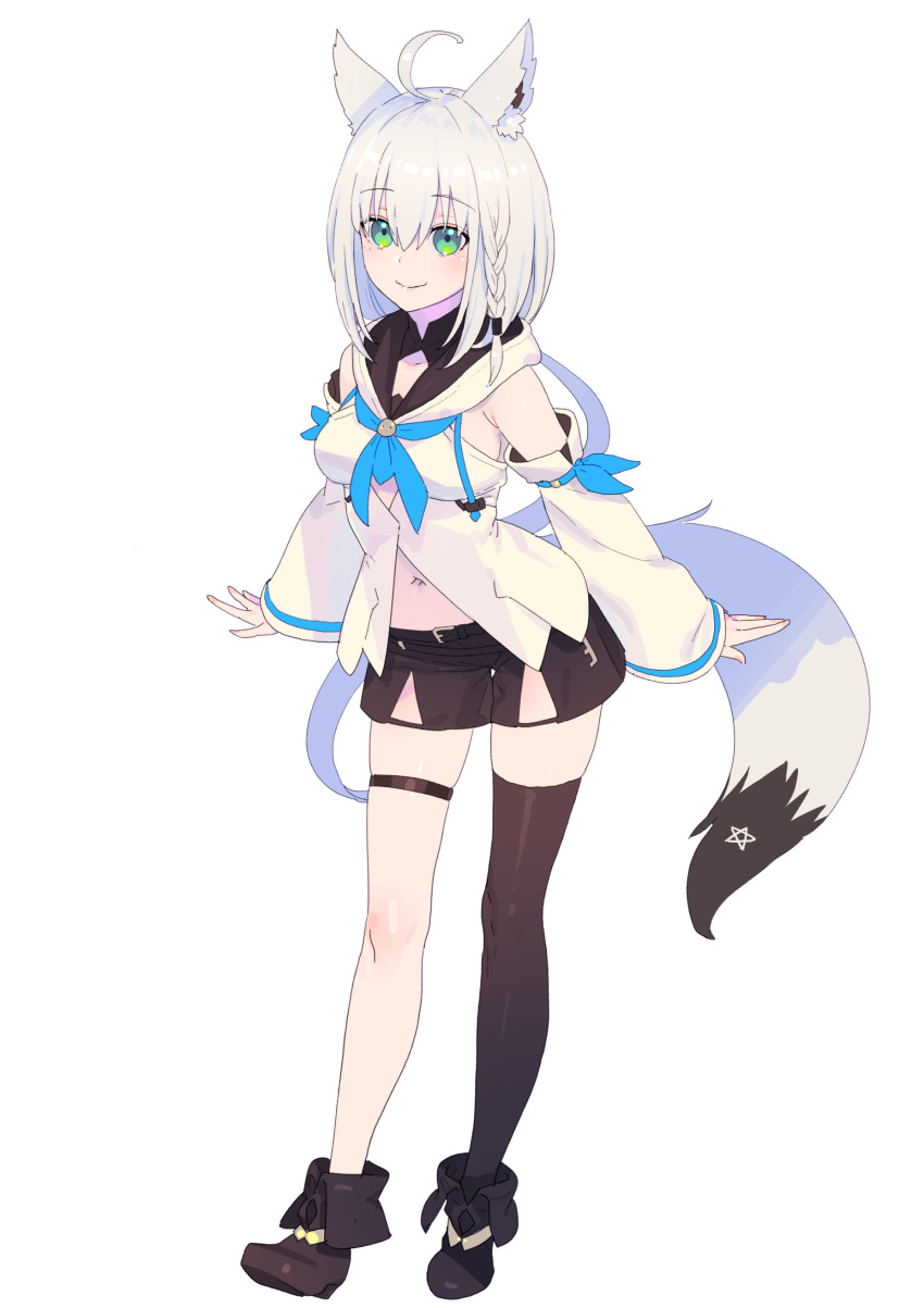 1girl absurdres ahoge animal_ear_fluff arms_at_sides belt blue_neckwear boots braid brown_footwear brown_legwear brown_shorts closed_mouth detached_sleeves eyebrows_visible_through_hair fox_tail full_body green_eyes grey_hair highres hololive hood hood_down leg_strap long_sleeves looking_at_viewer medium_hair nagisa_kurousagi navel neckerchief shirakami_fubuki shorts simple_background single_thighhigh skindentation smile solo tail thigh-highs vest white_background