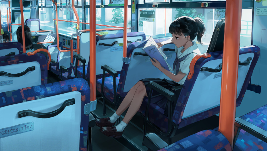 2girls black_footwear black_hair black_skirt blue_neckwear book brown_eyes bus bus_interior chair closed_mouth ground_vehicle highres holding holding_book kotatiyu medium_hair motor_vehicle multiple_girls neckerchief original plant pleated_skirt ponytail reading sailor_collar school_uniform serafuku shirt shoes sitting skirt socks solo_focus white_legwear white_sailor_collar white_shirt window