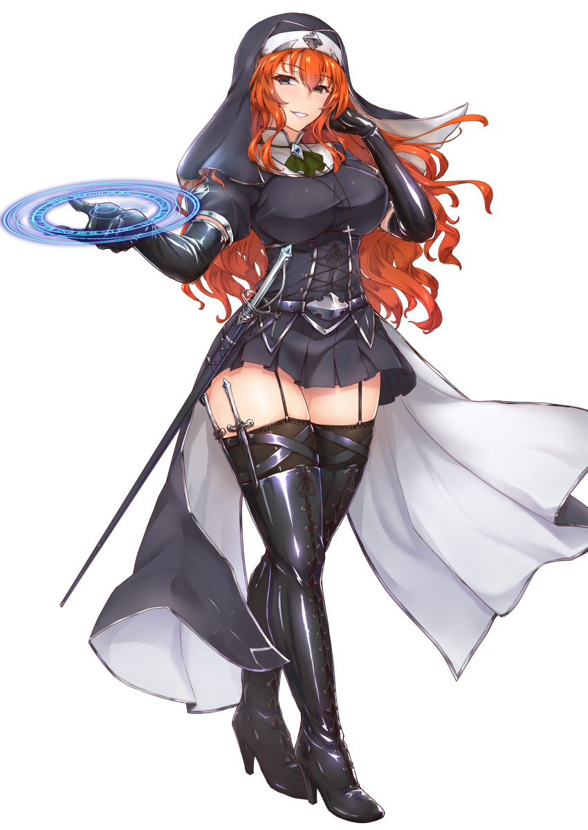1girl absurdres belt blue_eyes boots breasts cross cross_necklace dagger elbow_gloves eyebrows_visible_through_hair floating_hair garter_belt gloves grin habit hair_between_eyes hand_in_hair high_heels highres jewelry large_breasts long_hair looking_at_viewer magic_circle necklace nun orange_hair outstretched_arm rapier robe sheath sheathed simple_background smile solo sword thigh-highs thigh_boots tori@gununu weapon white_background zettai_ryouiki
