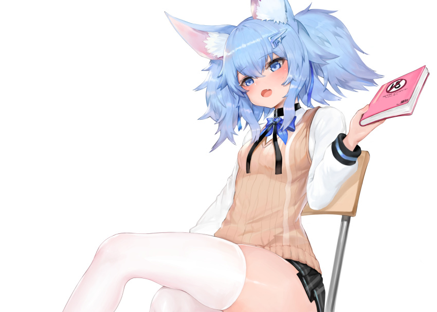 1girl animal_ear_fluff animal_ears bangs black_skirt blue_bow blue_eyes blue_hair blush book bow breasts chair commentary_request crossed_legs dokomon eyebrows_visible_through_hair fang feet_out_of_frame girls_frontline hair_between_eyes hair_ornament highres holding holding_book korean_commentary long_sleeves on_chair open_mouth pa-15_(girls_frontline) pleated_skirt shirt simple_background sitting skindentation skirt small_breasts solo sweat sweater_vest thigh-highs white_background white_legwear white_shirt