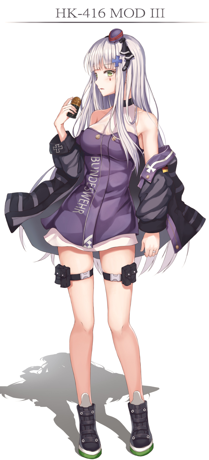 1girl absurdres bangs bare_shoulders beret black_footwear blunt_bangs blush breasts collarbone commentary_request eyebrows_visible_through_hair facial_mark full_body girls_frontline gloves green_eyes hair_ornament hat highres hk416_(girls_frontline) jacket long_hair looking_at_viewer off-shoulder_jacket shoes silver_hair simple_background solo thigh_strap very_long_hair wabbajack white_background white_hair