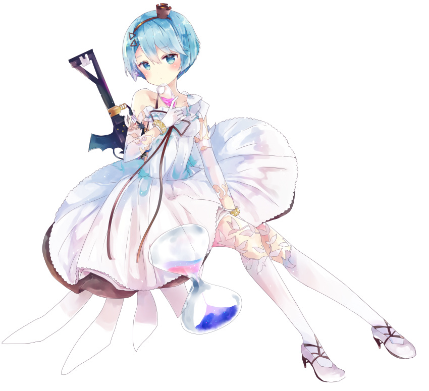 1girl absurdres bangs bare_shoulders between_legs blue_eyes blue_hair blush closed_mouth collarbone commentary cup detached_sleeves dress drinking_glass eyebrows_visible_through_hair full_body girls_frontline gloves gun hair_between_eyes hand_between_legs head_tilt high_heels highres holding holding_cup hourglass long_sleeves looking_at_viewer object_namesake off-shoulder_dress off_shoulder shoes short_eyebrows short_hair simple_background sitting thigh-highs tsukiyo_(skymint) weapon white_background white_dress white_footwear white_gloves white_legwear white_sleeves wine_glass zas_m21_(girls_frontline) zastava_m21