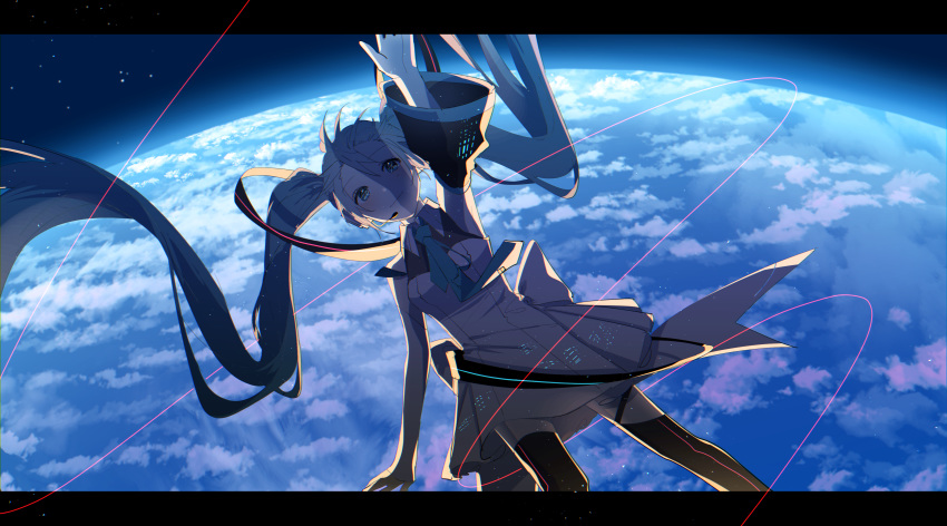 1girl absurdres aqua_eyes aqua_hair aqua_neckwear arm_up backlighting cable clouds cowboy_shot detached_sleeves dress earth hair_ornament hatsune_miku headphones headset highres long_hair mismatched_sleeves necktie re_eva scenery shirt sleeveless sleeveless_shirt smile space star_(sky) symbol_commentary thigh-highs twintails very_long_hair vocaloid white_dress white_sleeves zettai_ryouiki