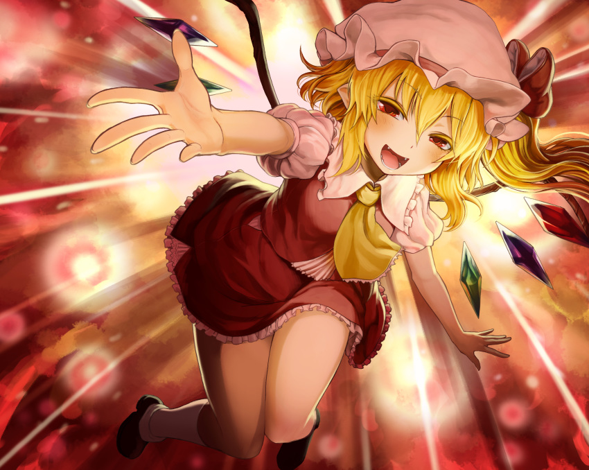1girl :d ascot black_footwear blonde_hair bow cockadooodledoo danmaku fangs flandre_scarlet hat hat_bow highres kneehighs looking_at_viewer miniskirt mob_cap open_mouth outstretched_arm puffy_short_sleeves puffy_sleeves reaching_out red_background red_bow red_eyes red_skirt red_vest shirt shoes short_sleeves side_ponytail skirt skirt_set smile solo touhou vest wings yellow_neckwear