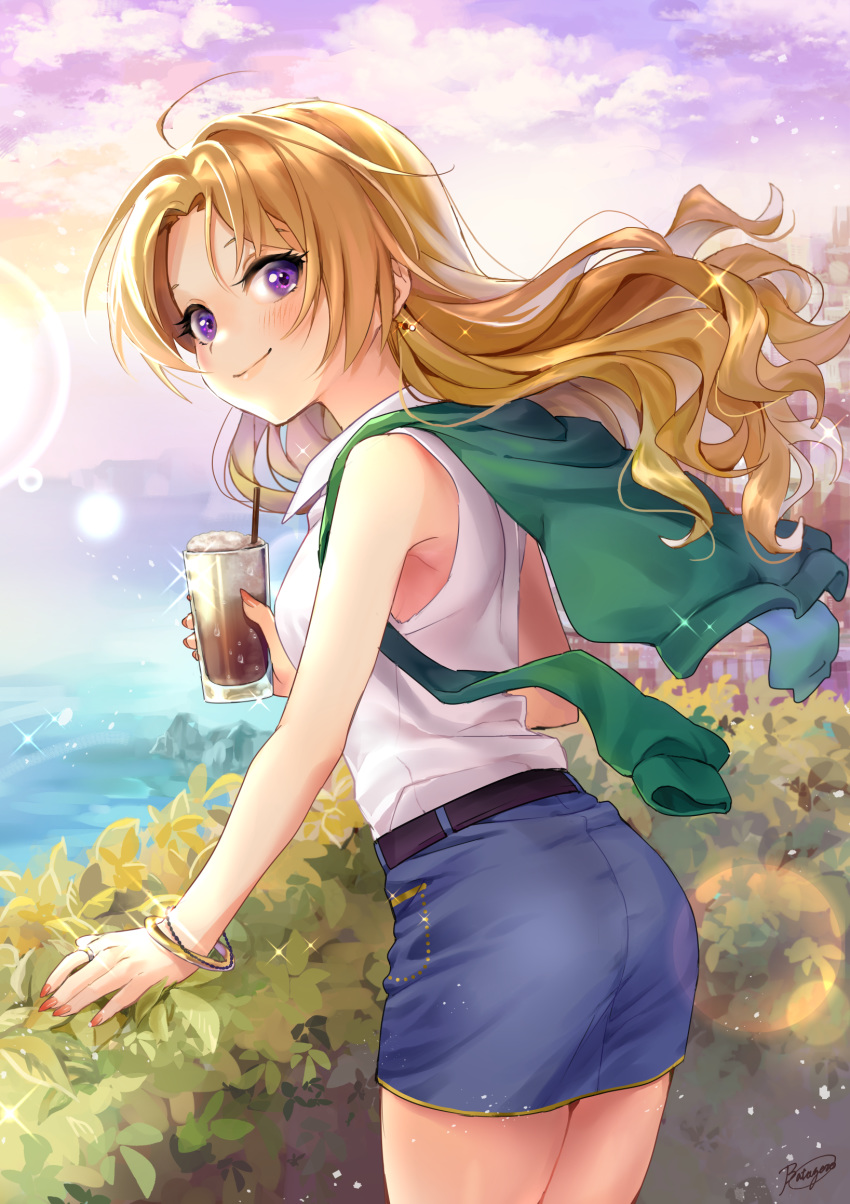 1girl alternate_hairstyle ass blonde_hair blue_skirt blush bracelet casual clouds commentary_request cup drinking_glass earrings green_jacket hair_down highres holding holding_cup idolmaster idolmaster_cinderella_girls jacket jacket_on_shoulders jewelry kakitsubata_zero kiryuu_tsukasa_(idolmaster) long_hair looking_at_viewer looking_back nail_polish ocean purple_sky red_nails shirt signature skirt smile solo sparkle violet_eyes white_shirt