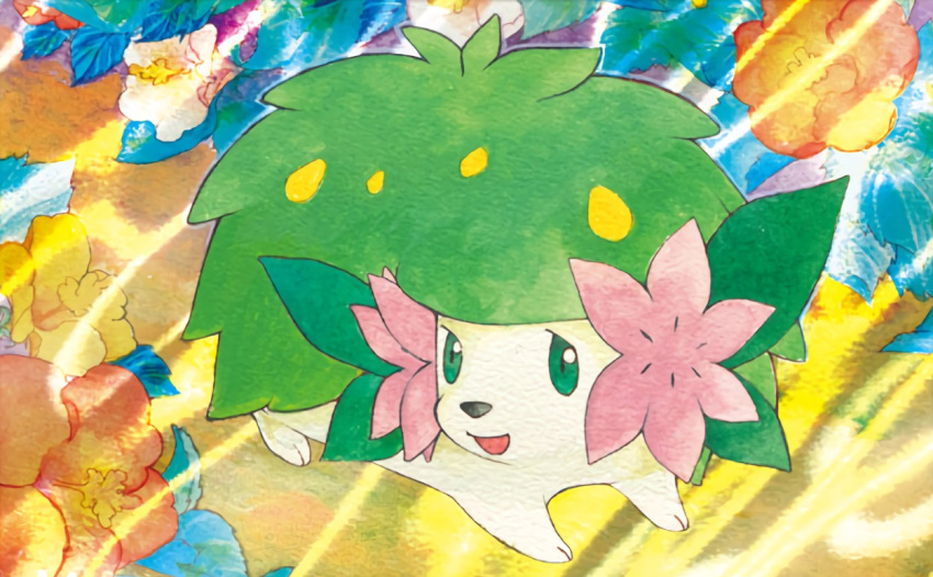 :d creature flower full_body gen_4_pokemon green_eyes happy looking_to_the_side no_humans official_art open_mouth pokemon pokemon_(creature) pokemon_trading_card_game sekio shaymin shaymin_(land) smile solo third-party_source