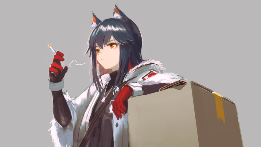 1girl animal_ear_fluff animal_ears arknights arm_rest bangs black_hair box cardboard_box cigarette closed_mouth eyebrows_visible_through_hair grey_background hara_shoutarou highres holding holding_cigarette jacket jewelry long_hair long_sleeves multicolored_hair name_tag necklace orange_eyes redhead simple_background smoking solo texas_(arknights) turtleneck two-tone_hair upper_body white_jacket wolf_ears wrist_cuffs
