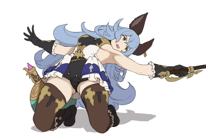 1girl animal_ears armpits black_footwear black_gloves blue_hair boots breasts brown_eyes brown_legwear erune ferry_(granblue_fantasy) full_body gloves granblue_fantasy holding holding_whip houtengeki kneeling long_hair looking_to_the_side medium_breasts open_mouth sideboob simple_background solo thigh-highs whip white_background