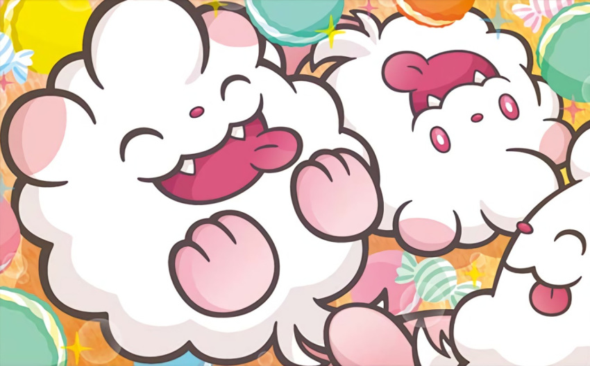 :d ^_^ candy closed_eyes creature facing_another food gen_6_pokemon happy lying mahou no_humans official_art on_back open_mouth pokemon pokemon_(creature) pokemon_trading_card_game smile swirlix third-party_source tongue tongue_out