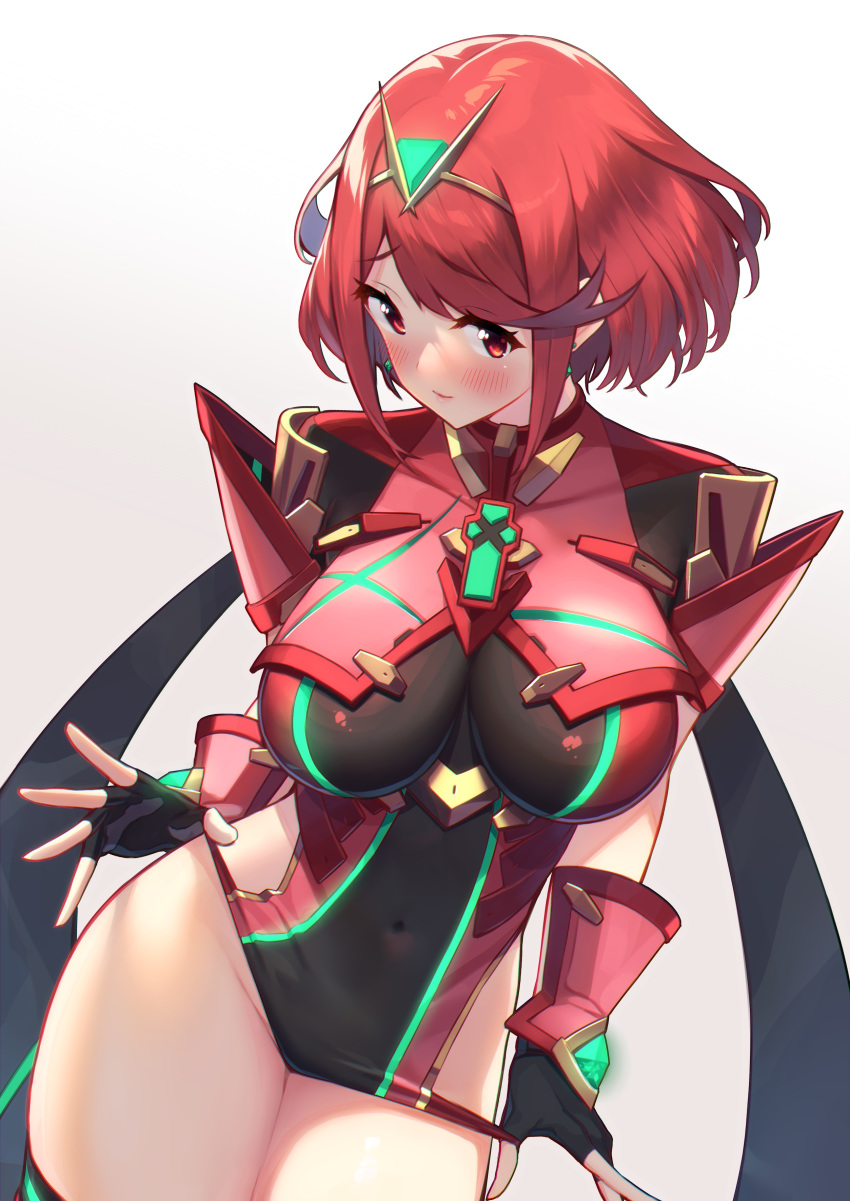 1girl absurdres armor baffu bangs black_gloves blush breasts covered_navel earrings eyebrows_visible_through_hair fingerless_gloves gem gloves grey_background headpiece highres pyra_(xenoblade) jewelry large_breasts lips parted_lips red_eyes redhead short_hair shoulder_armor simple_background solo swept_bangs xenoblade_(series) xenoblade_2