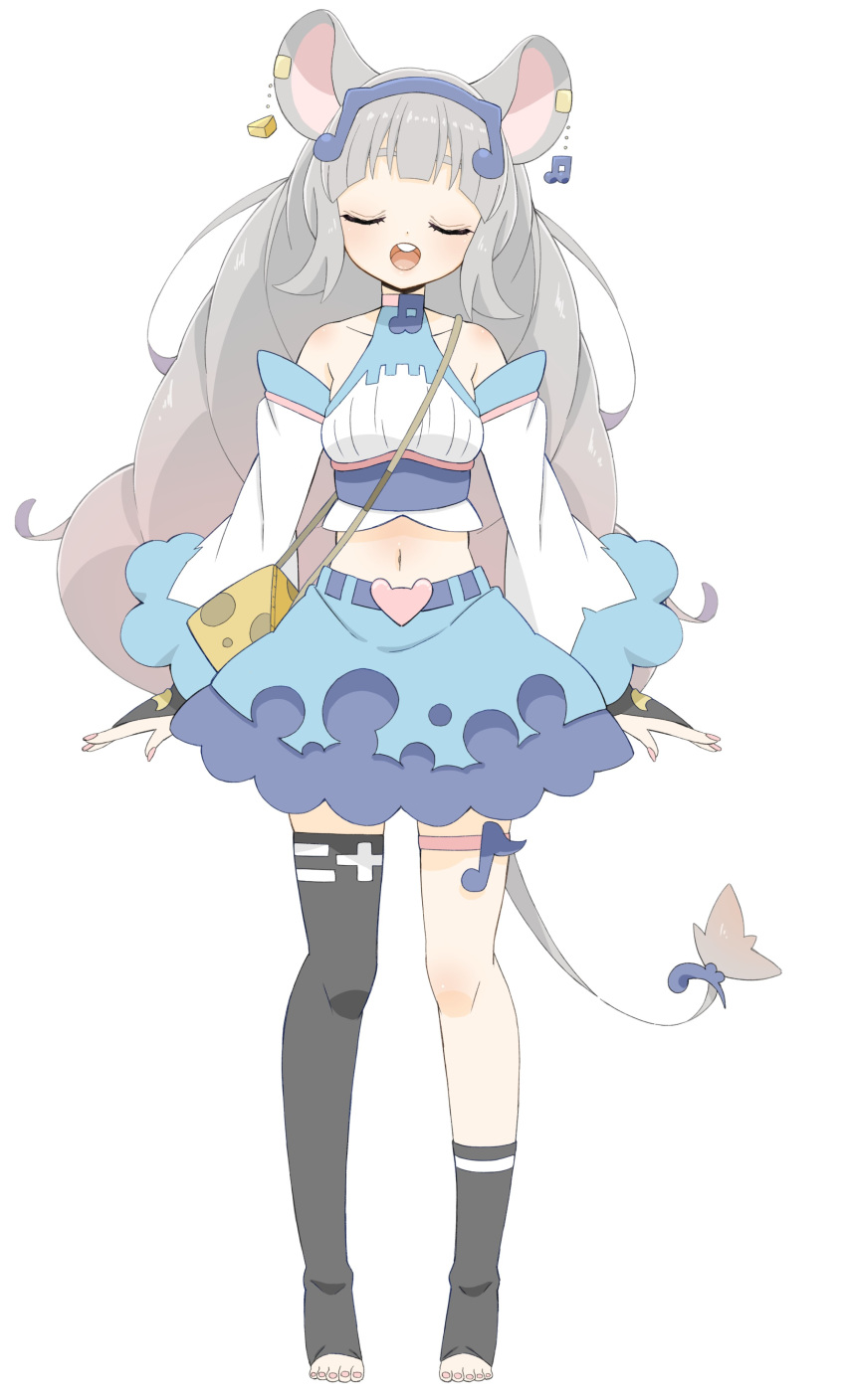 1girl :d absurdres animal_ears arms_at_sides asymmetrical_legwear bare_shoulders big_hair black_legwear blue_skirt blush buck_teeth closed_eyes copyright_request detached_sleeves donguri_suzume drill_hair ear_clip facing_viewer full_body gloves grey_hair hair_ornament head_tilt heart highres long_hair long_sleeves midriff mouse_ears mouse_tail musical_note navel no_shoes open_mouth partly_fingerless_gloves pink_nails single_sock single_thighhigh skirt smile socks solo standing tail tail_ornament thigh-highs toeless_legwear toenail_polish toenails
