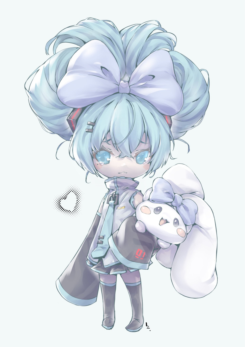 1girl :d adapted_costume aqua_nails aqua_necktie bangs black_footwear black_skirt blue_bow blue_eyes blush_stickers boots bow chibi cinnamiku cinnamoroll closed_mouth clothes_writing commentary creature crossover ear_bow frown full_body grey_shirt hair_bow hair_ornament hairclip hatsune_miku heart highres holding holding_creature kurosaki_yo looking_at_viewer looking_away miniskirt mole mole_under_eye necktie open_mouth pleated_skirt pout sanrio shirt simple_background skirt sleeves_past_fingers sleeves_past_wrists smile standing tears thigh_boots tie_clip tied_ears turtleneck updo vocaloid zettai_ryouiki