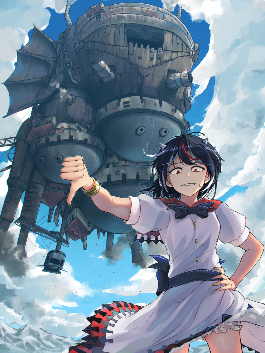 1girl absurdres black_hair bloomers blue_bow bow bracelet breasts buttons castle chimney chromatic_aberration clouds cloudy_sky directional_arrow dress evil_grin evil_smile grin hand_on_hip highres horns howl_no_ugoku_shiro huge_filesize jewelry kijin_seija looking_at_viewer mountain multicolored_hair red_eyes redhead rooftop sash senzaicha_kasukadoki shade sharp_teeth short_hair short_sleeves sky small_breasts smile smoke sparkle streaked_hair teeth thumbs_down touhou tower underwear upside-down white_dress white_hair