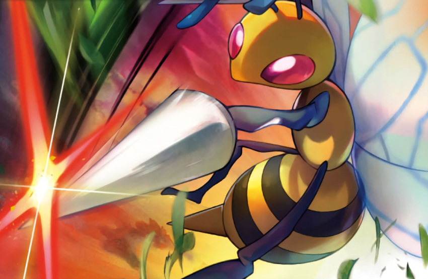 beedrill clouds creature flying gen_1_pokemon iribi_you motion_lines no_humans official_art outdoors pink_eyes pokemon pokemon_(creature) pokemon_trading_card_game sky solo sparkle third-party_source twilight