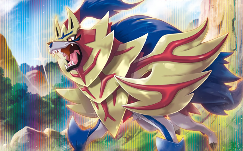 blue_sky clouds cloudy_sky creature day dog_focus gen_8_pokemon legendary_pokemon no_humans official_art outdoors pokemon pokemon_(creature) pokemon_trading_card_game saitou_kouki sharp_teeth shield sky solo standing teeth third-party_source yellow_eyes zamazenta