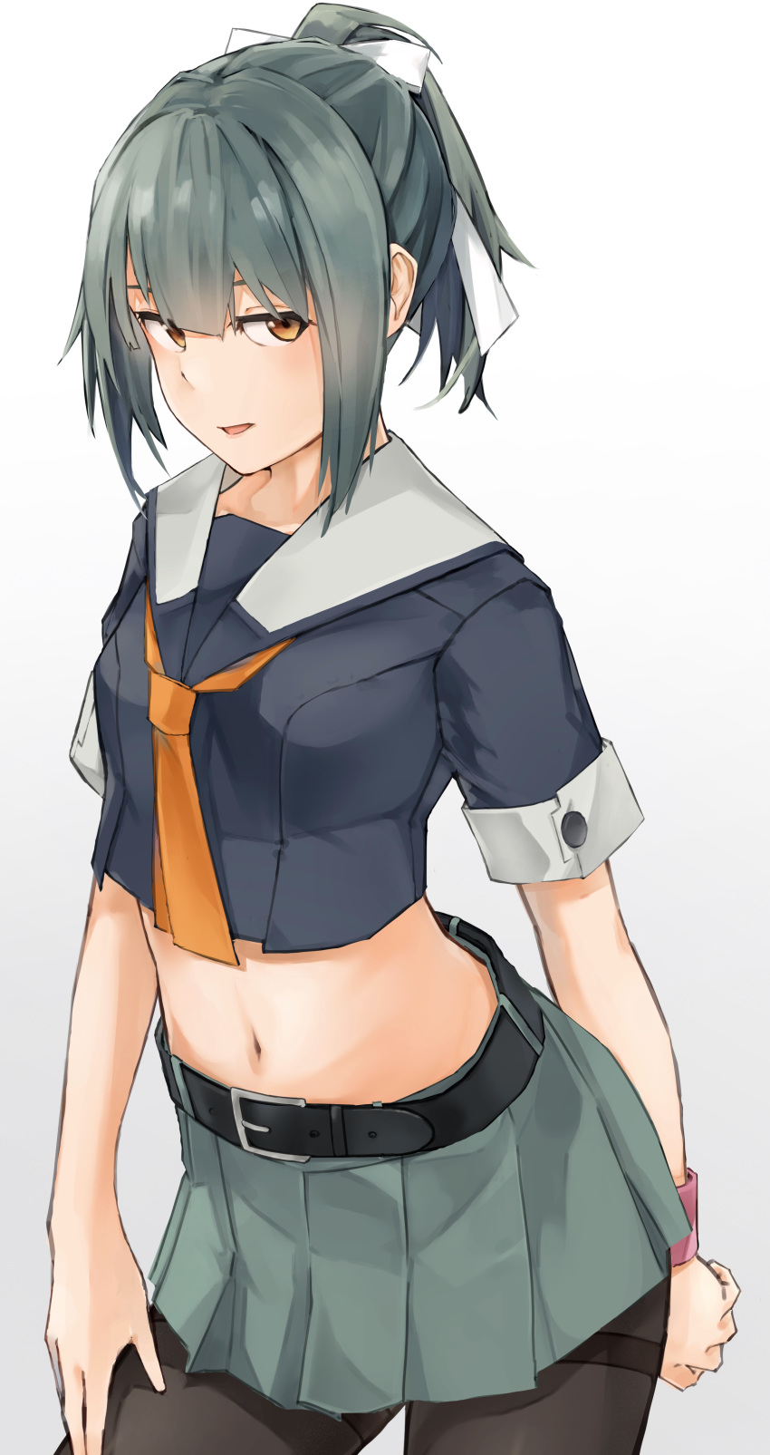 1girl absurdres belt black_legwear black_shirt bow contrapposto cowboy_shot green_skirt grey_hair grey_sailor_collar hair_bow highres kantai_collection kumanoko midriff necktie orange_neckwear pantyhose ponytail remodel_(kantai_collection) sailor_collar shirt short_hair short_ponytail simple_background skirt solo standing thighband_pantyhose white_background wristband yuubari_(kantai_collection)