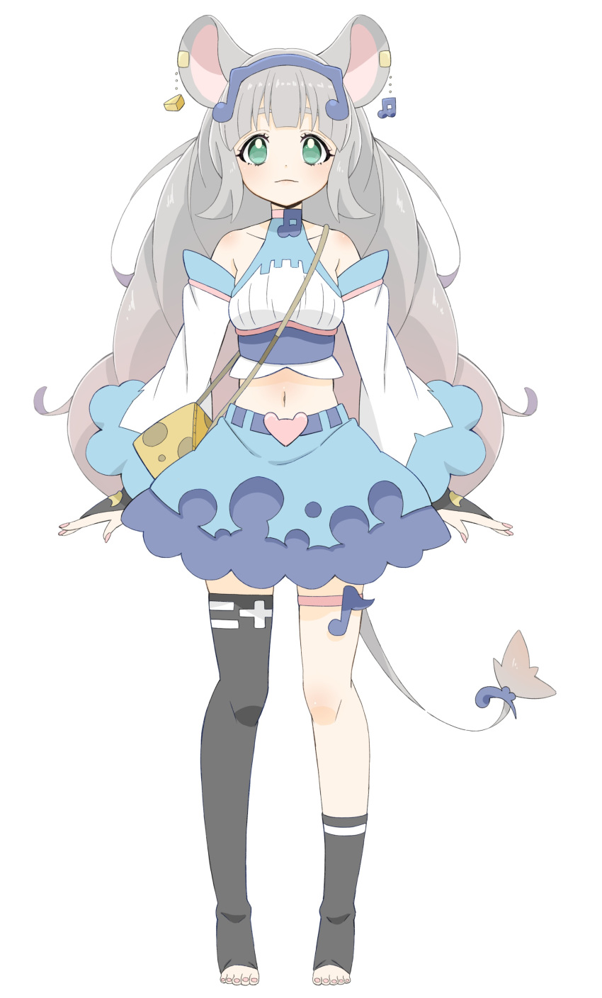 1girl absurdres animal_ears arms_at_sides asymmetrical_legwear bare_shoulders big_hair black_legwear blue_skirt closed_mouth copyright_request detached_sleeves donguri_suzume drill_hair ear_clip full_body gloves green_eyes grey_hair hair_ornament heart highres long_hair long_sleeves looking_at_viewer midriff mouse_ears mouse_tail musical_note navel no_shoes partly_fingerless_gloves pink_nails single_sock single_thighhigh skirt socks solo standing tail tail_ornament thigh-highs toeless_legwear toenail_polish toenails