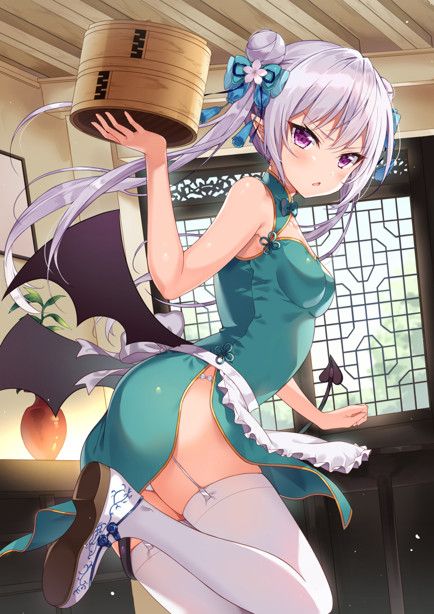 1girl absurdres apron bamboo_steamer bare_shoulders basket blush breasts china_dress chinese_clothes commentary_request demon_girl demon_tail demon_wings double_bun dress eyebrows_visible_through_hair floating garter_belt gold_trim green_dress hair_between_eyes hair_ribbon highres holding holding_basket indoors legs_up looking_at_viewer open_mouth original panties pantyshot pelvic_curtain pointy_ears purple_hair ribbon siooooono sleeveless sleeveless_dress small_breasts solo tail thigh-highs twintails underwear v-shaped_eyebrows violet_eyes waist_apron white_legwear white_panties window wings