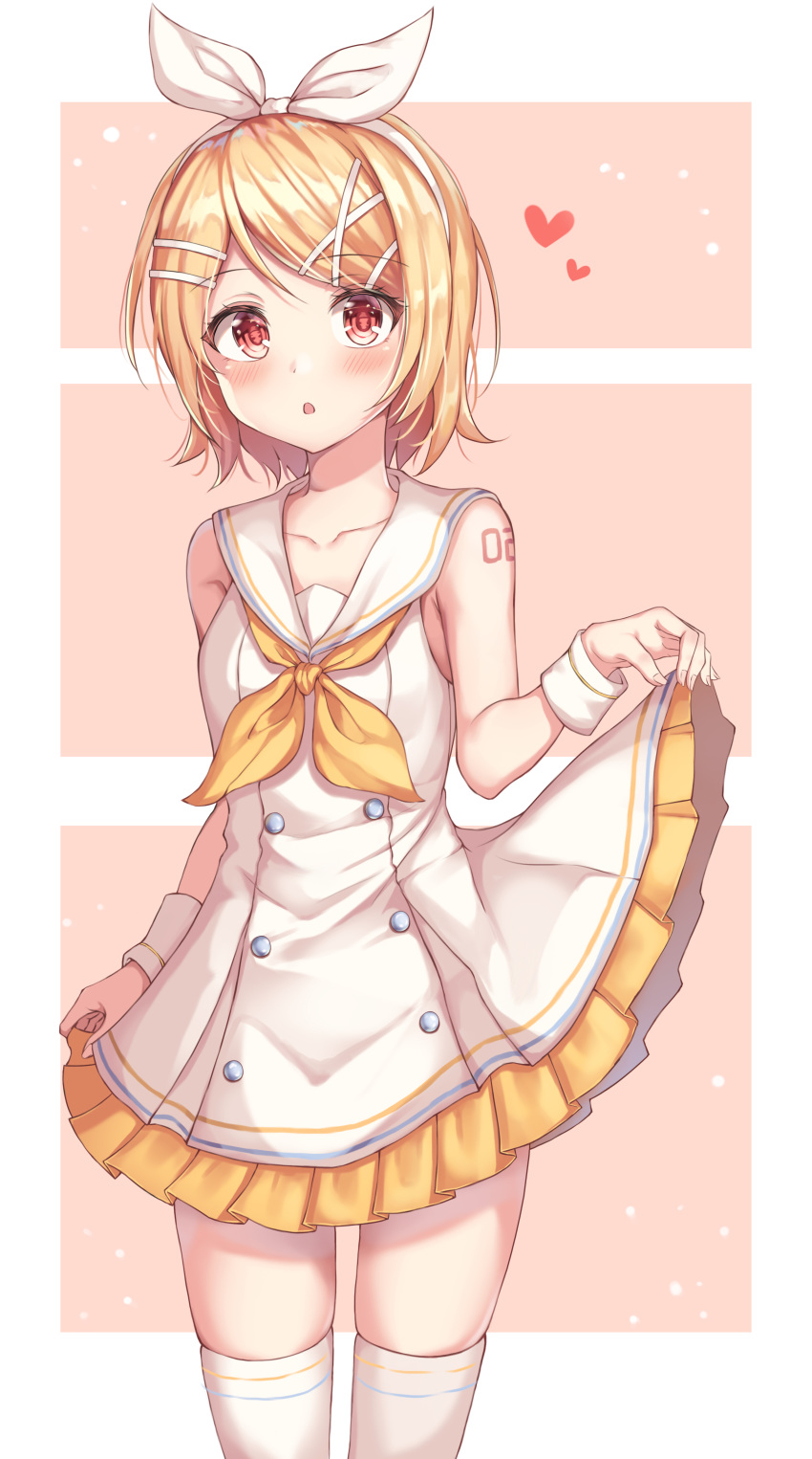 1girl absurdres alternate_eye_color bangs bare_shoulders blonde_hair blush collarbone commentary_request dress dress_lift eyebrows_visible_through_hair frills hair_ornament hairband hairclip heart heart_print highres kagamine_rin open_mouth red_eyes ribbon short_hair sleeveless sleeveless_dress solo thigh-highs vocaloid wabbajack white_dress white_hairband white_legwear