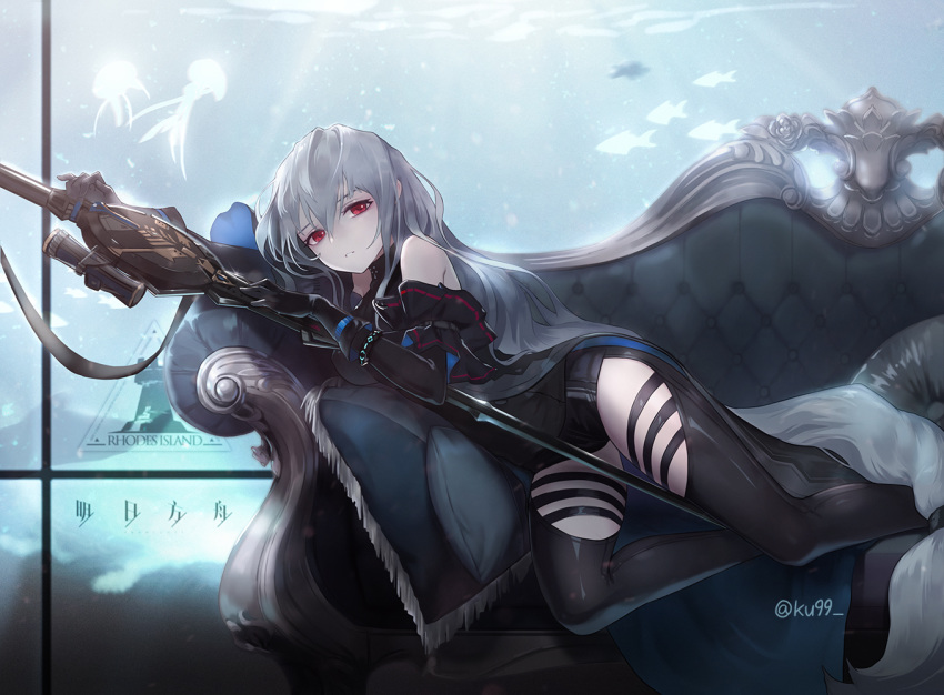 1girl arknights artist_name bangs bare_shoulders black_gloves black_pants bracelet commentary couch detached_sleeves fish gloves grey_hair hair_between_eyes jewelry ku99_(kugugu) light_rays long_hair looking_at_viewer lying pants parted_lips pillow red_eyes skadi_(arknights) solo thigh_cutout very_long_hair weapon