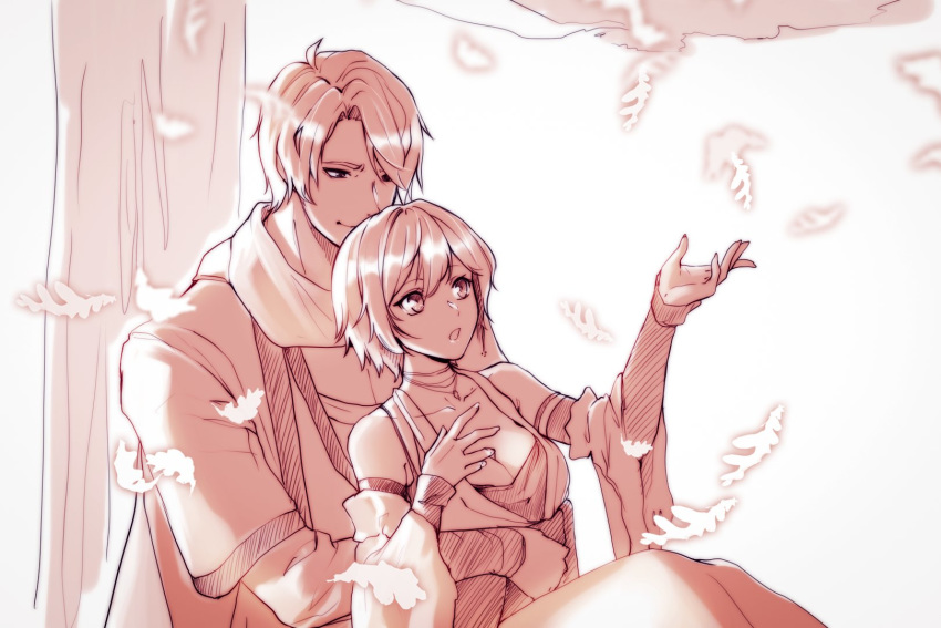 1boy 1girl breasts commentary couple detached_sleeves falling_leaves hand_up highres holding_another kaito leaf leaning_back looking_at_another medium_breasts meiko monochrome open_mouth scarf short_hair sitting smile tree vocaloid wide_sleeves yen-mi