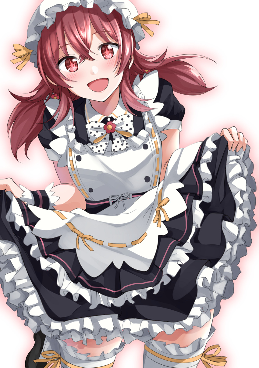1girl :d apron bow bowtie commentary_request frilled_apron frilled_skirt frills hat highres idolmaster idolmaster_shiny_colors komiya_kaho long_hair looking_at_viewer low_twintails maid mob_cap open_mouth puffy_short_sleeves puffy_sleeves red_eyes redhead sakuma_shiiya short_sleeves skirt skirt_hold smile solo sparkling_eyes thigh-highs twintails white_apron white_background zettai_ryouiki