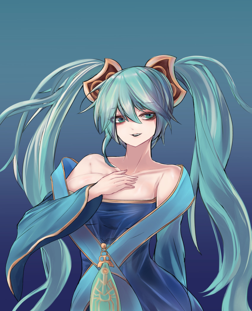 1girl absurdres aqua_eyes aqua_hair arm_behind_back breasts collarbone eyebrows_visible_through_hair gradient gradient_background hair_between_eyes hand_on_own_chest highres large_breasts league_of_legends long_hair parted_lips smile solo sona_buvelle standing teeth twintails upper_teeth user_ccsj5424
