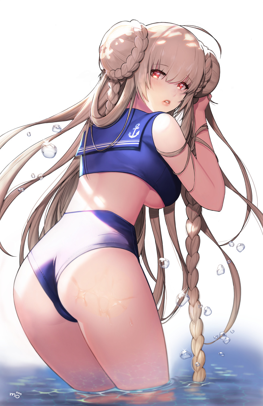 1girl ahoge ass azur_lane blue_swimsuit braid braided_bun breasts brown_hair bubble double_bun formidable_(azur_lane) highres large_breasts long_hair looking_at_viewer looking_back midriff monini red_eyes sailor_collar solo sparkle standing swimsuit twintails under_boob very_long_hair wading water wet white_background