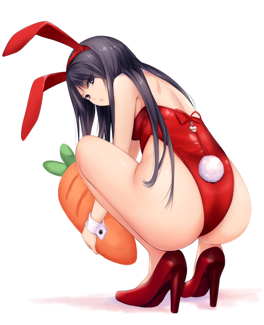 1girl animal_ears bare_legs black_eyes black_hair bunny_girl bunny_tail bunnysuit carrot coffee-kizoku commentary_request from_behind full_body high_heels highres leotard long_hair looking_at_viewer looking_back original rabbit_ears red_footwear red_leotard shiramine_rika simple_background solo squatting strapless strapless_leotard tail white_background wrist_cuffs