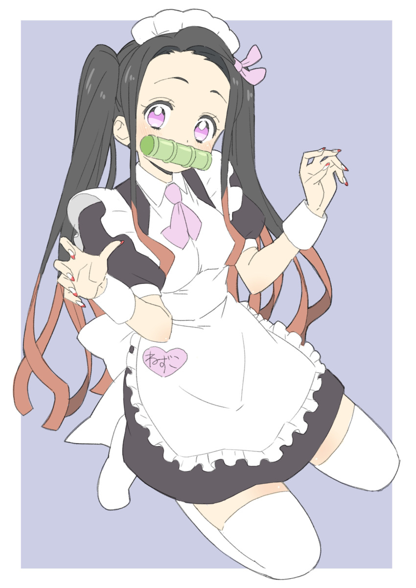 1girl absurdres alternate_costume apron black_dress black_hair bow bowtie brown_hair donguri_suzume dress enmaided fingernails hair_bow hands_up heart highres kamado_nezuko kimetsu_no_yaiba kneeling looking_at_viewer maid maid_apron mouth_hold multicolored_hair pink_bow pink_neckwear puffy_short_sleeves puffy_sleeves purple_background red_nails short_sleeves simple_background solo thigh-highs twintails two-tone_hair violet_eyes white_apron white_legwear wrist_cuffs