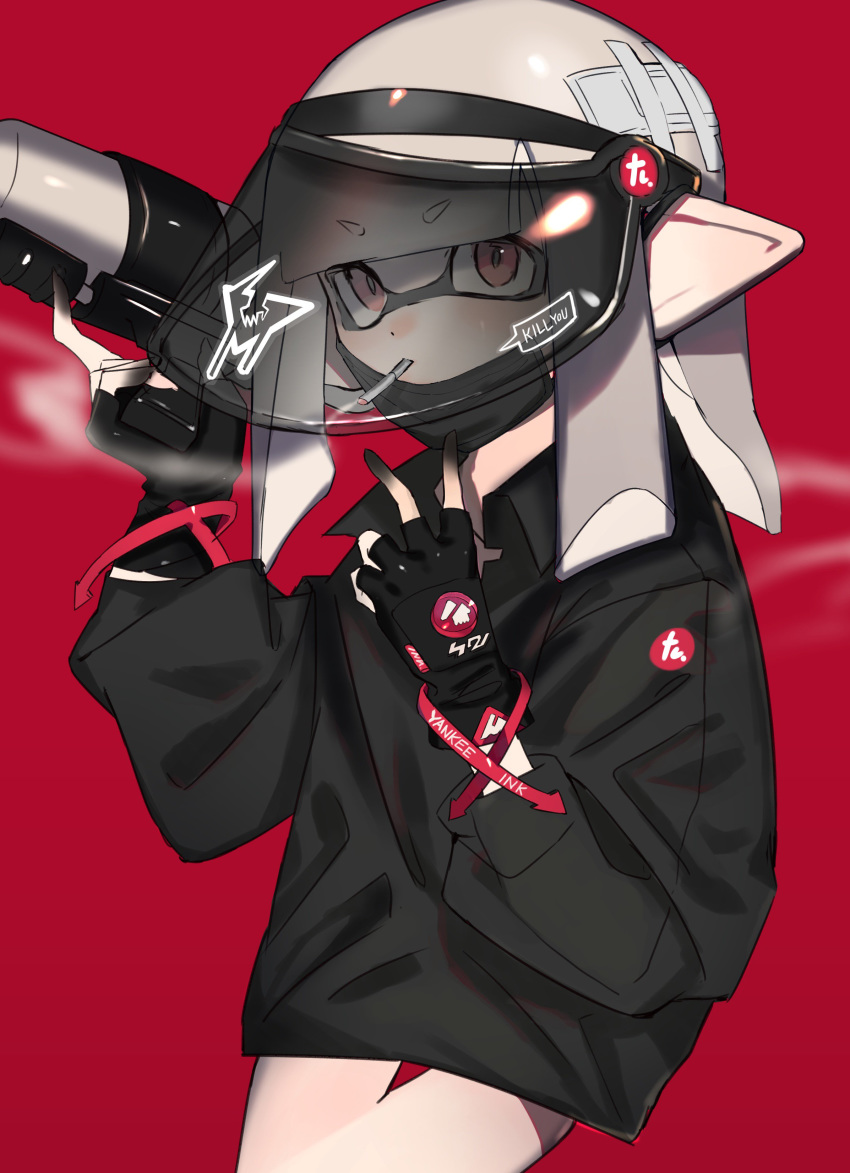1girl absurdres bad_id bad_twitter_id bangs black_gloves black_jacket blunt_bangs blunt_ends cigarette commentary domino_mask english_text eyebrows_visible_through_hair fingerless_gloves gloves grey_hair gun highres holding holding_gun holding_weapon inkling jacket logo looking_at_viewer mask medium_hair octoshot_(splatoon) pointy_ears red_background red_eyes simple_background smoking solo splatoon_(series) splatoon_2 standing tentacle_hair unitoon weapon welding_mask