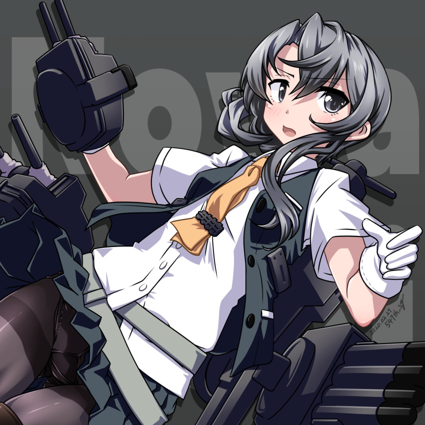 1girl 547th_sy adapted_turret asymmetrical_hair background_text bangs belt black_legwear black_skirt black_vest cannon character_name commentary_request cowboy_shot flipped_hair gloves grey_background grey_eyes highres kantai_collection long_hair machinery necktie nowaki_(kantai_collection) panties panties_under_pantyhose pantyhose pleated_skirt school_uniform shirt short_sleeves silver_hair skirt solo swept_bangs torpedo_launcher turret underwear vest white_gloves white_shirt yellow_neckwear