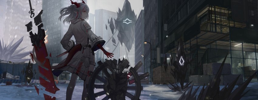 1girl absurdres arknights building cityscape crystal dragon_horns dragon_tail earrings eyeshadow grey_hair half_updo highres horns jacket jewelry long_hair long_sleeves looking_away makeup multicolored_hair nian_(arknights) originium_(arknights) outdoors pointy_ears red_eyes shield short_shorts shorts solo standing streaked_hair sword tail tail_through_clothes weapon white_jacket wide_shot zhai