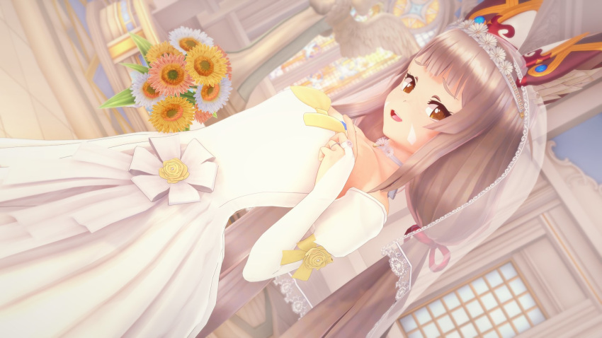 1girl 3d alternate_costume animal_ears bouquet breasts bridal_gauntlets bridal_veil bride choker church dress dutch_angle facial_mark flower gloves highres indoors jewelry koikatsu long_hair looking_at_viewer low_twintails niyah niyah_(blade) open_mouth ring small_breasts smile solo stained_glass tiara twintails veil very_long_hair wedding_dress wedding_ring white_gloves witchanon3 xenoblade_(series) xenoblade_2 yellow_eyes