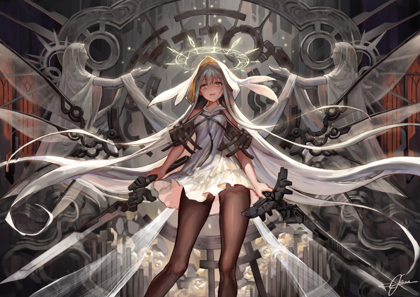 1girl :d bangs bare_shoulders blush brown_eyes brown_legwear commentary_request detached_wings dress dual_wielding eyebrows_visible_through_hair feet_out_of_frame flower grey_hair halo highres holding holding_sword holding_weapon hood hood_up long_hair looking_at_viewer mechanical_wings open_mouth original pantyhose rose signature sleeveless sleeveless_dress smile solo standing statue sword tamarashi transparent_wings very_long_hair weapon white_dress white_flower white_rose wings