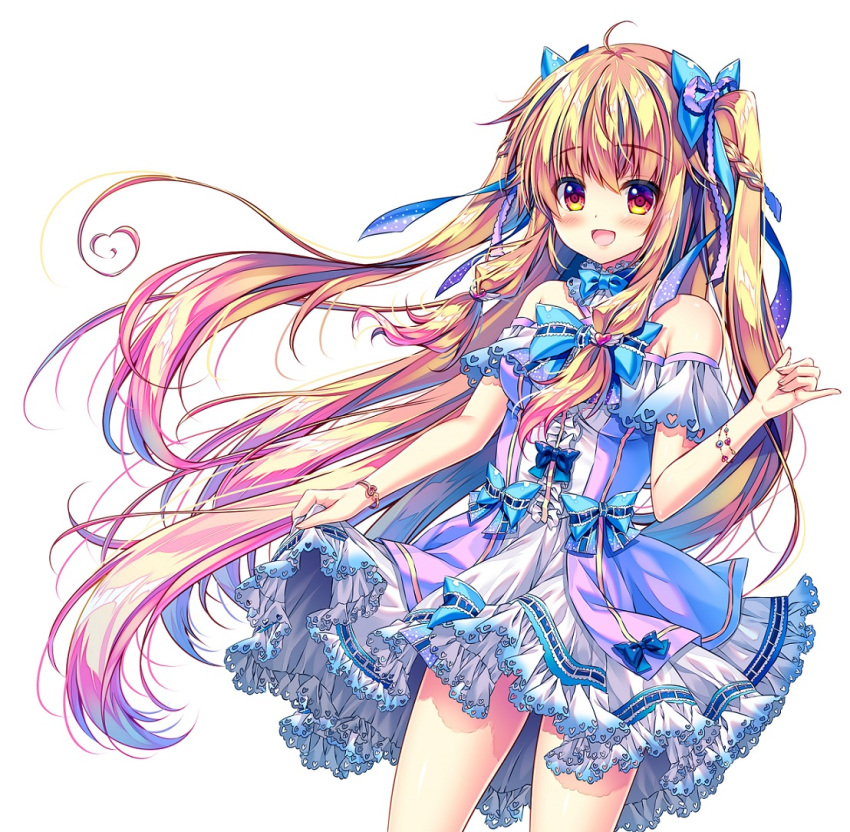 1girl :d bangs bare_shoulders blonde_hair blue_bow blush bow braid breasts brown_hair commentary_request dress dutch_angle eyebrows_visible_through_hair frilled_dress frills hair_between_eyes hair_bow hand_up heart_cutout heart_hair long_hair looking_at_viewer medium_breasts mizuki_yuuma moe2020 off-shoulder_dress off_shoulder open_mouth original red_eyes simple_background skirt_hold smile solo standing two_side_up very_long_hair white_background white_dress